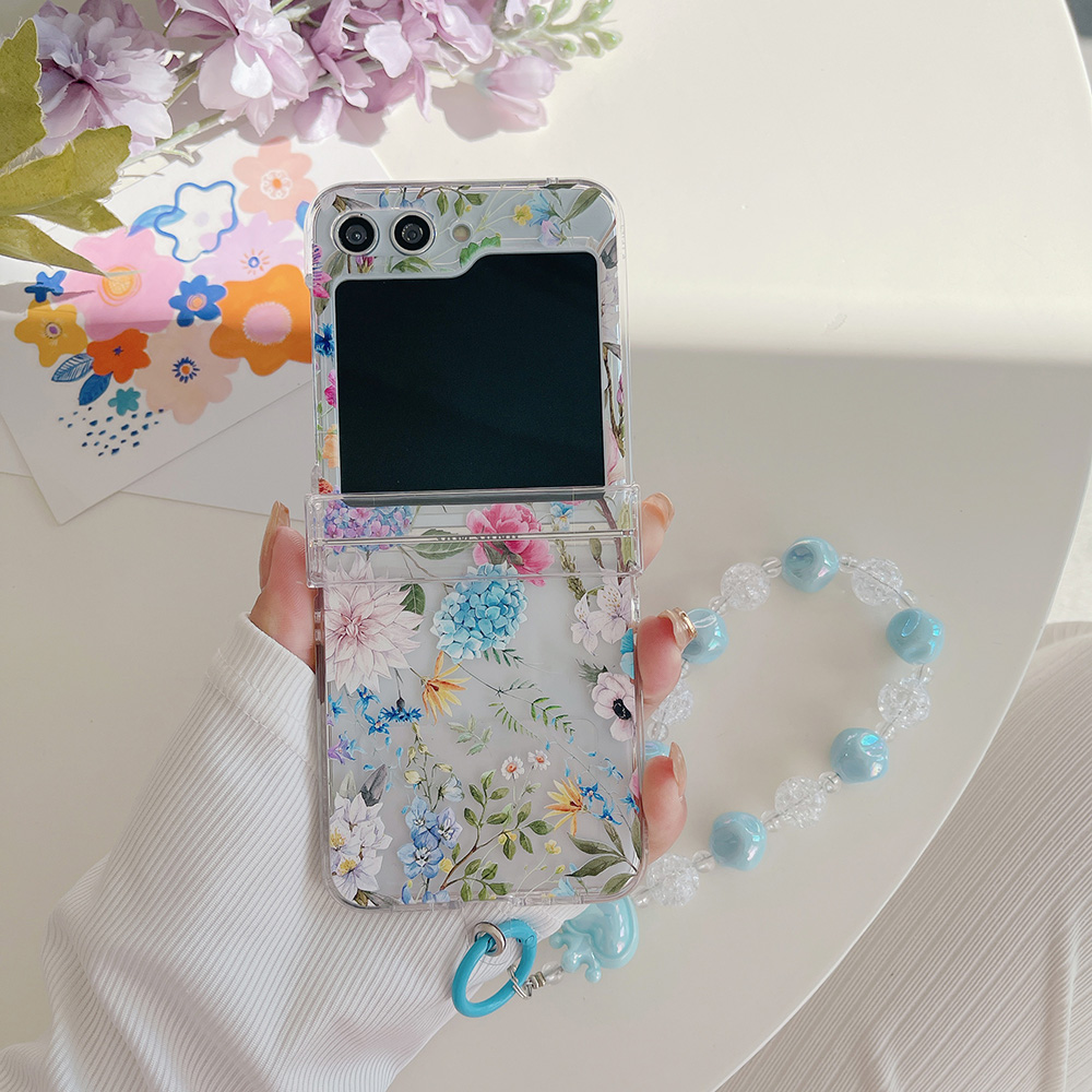 适用于三星Zflip7/Zflip6 折叠手机壳繁花Samsung Z flip4碎花Z flip3带手链Zflip5大花透明保护套硬壳带挂绳