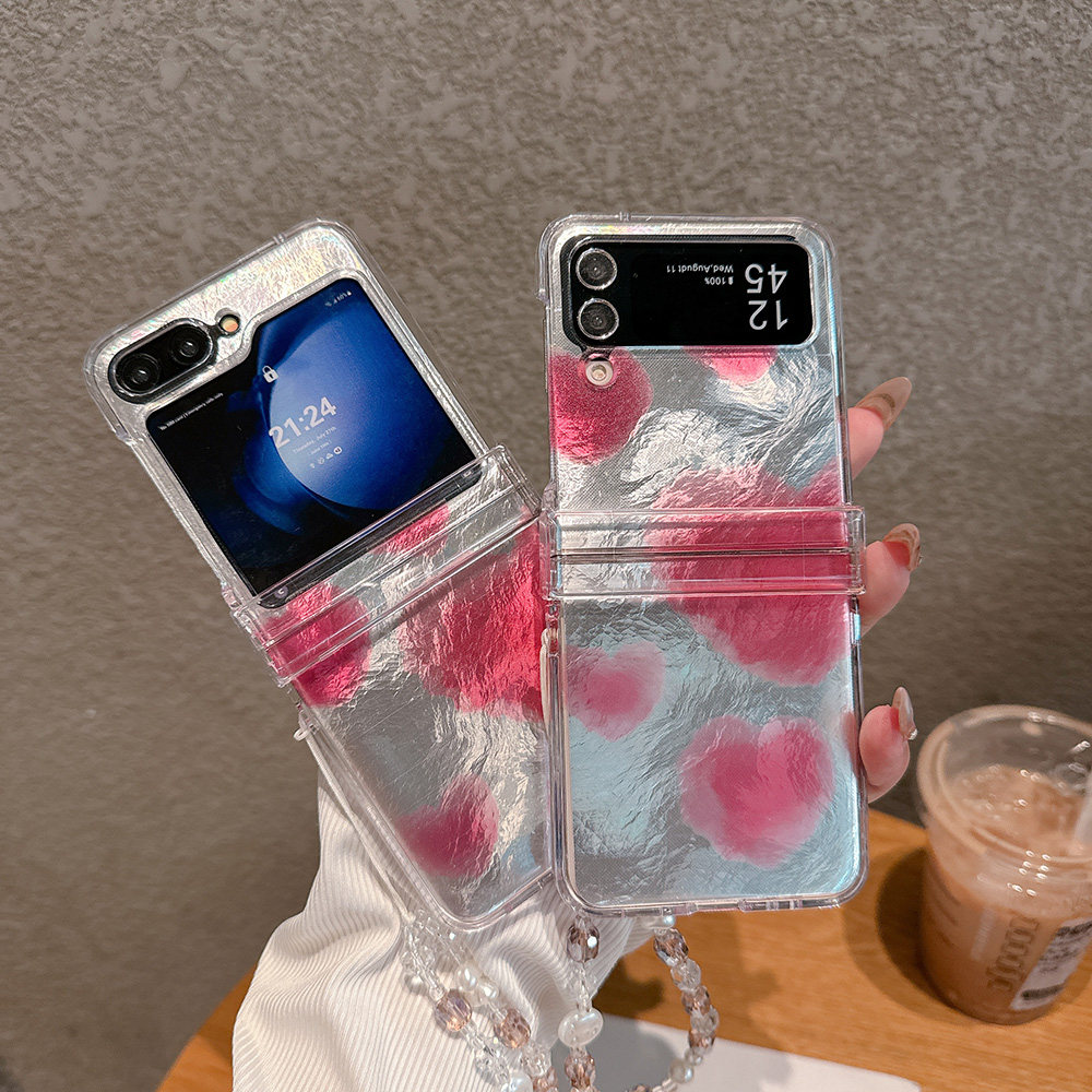 适用于三星Zflip8/Zflip7折叠手机壳晕染爱心Samsung Zflip6/7FE心形Zflip5/4/3带手链透明保护套硬壳带挂绳