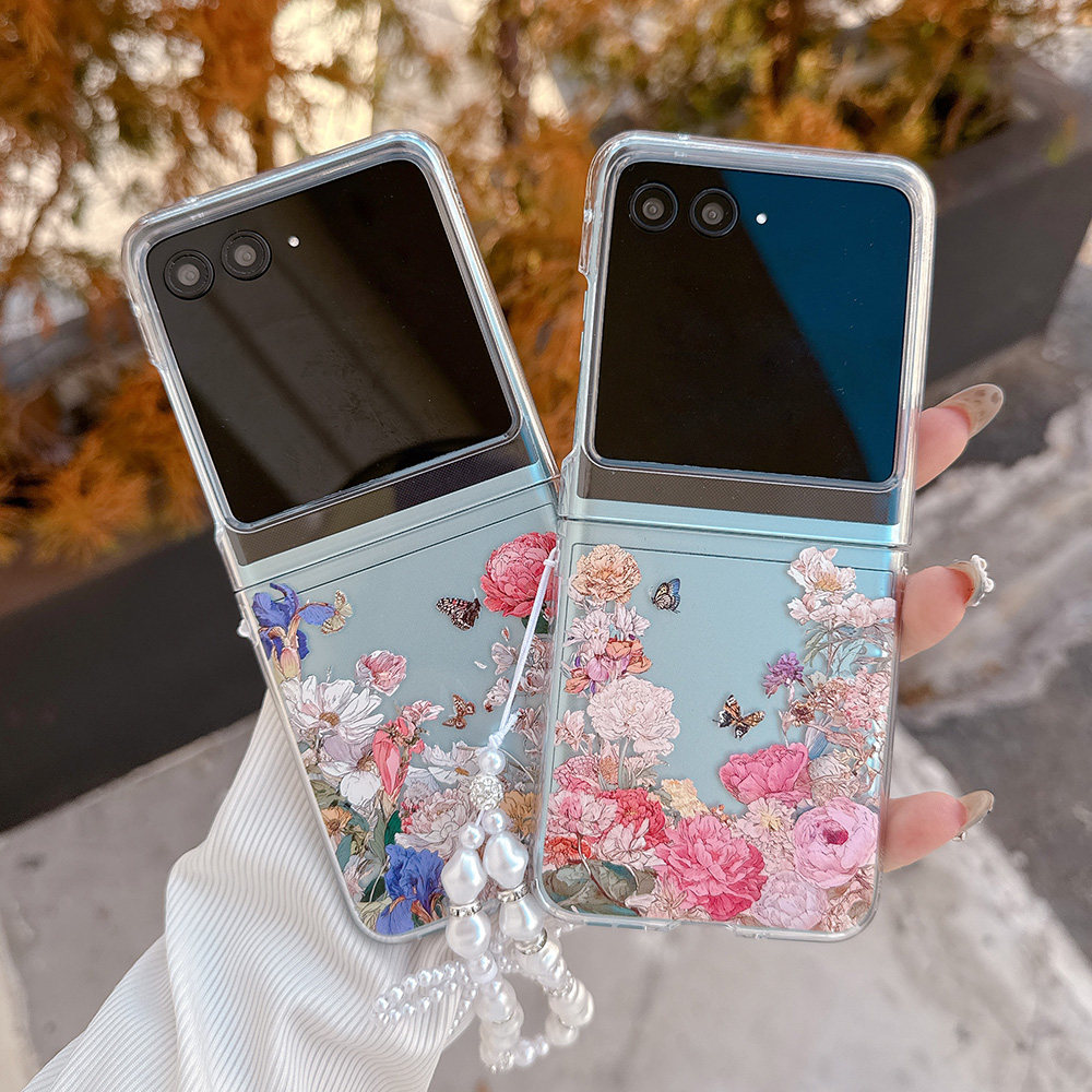 大丽花适用于摩托罗拉Moto Razr60Ultra折叠屏手机壳Razr50Ultra手绘花Razr40Ultra带手链保护套Razr50花朵