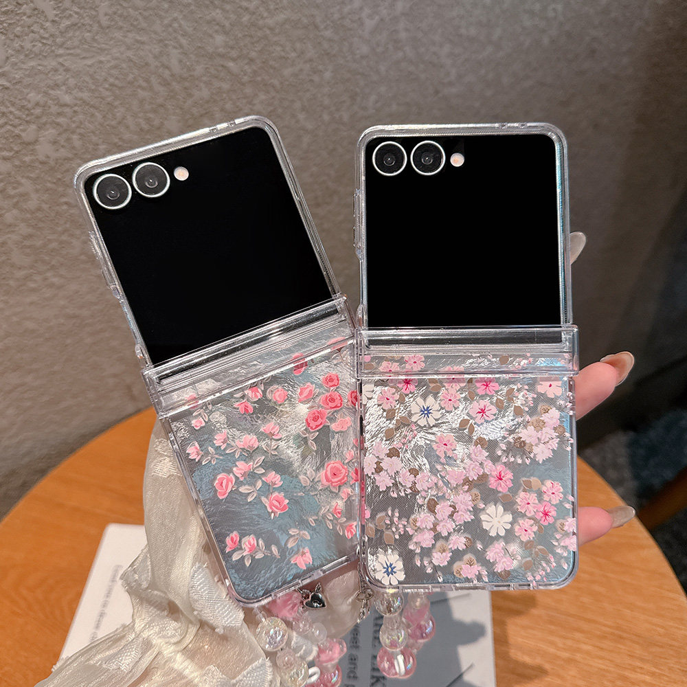 粉红玫瑰适用于三星Zflip 7/Zflip 6折叠手机壳小碎花Samsung Zflip 5小清新Zflip7FE带手链Zflip7透明硬壳
