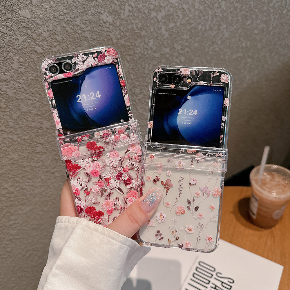 复古玫瑰适用于三星Zflip8/Zflip7折叠手机壳碎花Samsung Zflip6/7FE花朵Zflip5/4/3斜挎绳透明保护套硬壳
