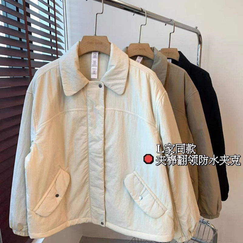 L家同款 消光塔丝绒格子型组织编织夹棉翻领防水夹克外套