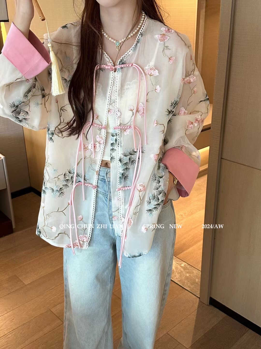 新中式刺绣提花国风盘扣衬衫女2025春夏季新款轻薄微透防晒衣外套