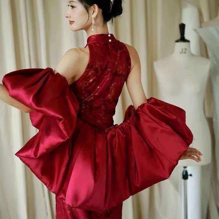 露肩晚礼服高端缎面配饰优雅一字肩新娘装泡泡袖单独袖子披肩外搭