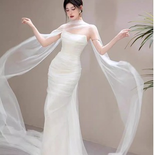 围巾丝巾飘带脖纱披肩纱婚纱礼服晨袍写真旅拍配饰品 新娘纱巾长款