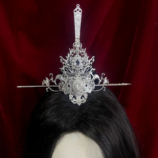 原创手工古风仙侠束发冠银色套装 男女通用仙尊魔主清冷武侠头饰