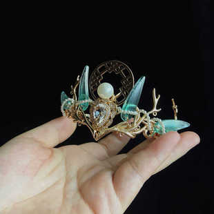 原创男女通用束发发冠汉服头饰古装仙侠精灵鹿绿色古风武侠铜镀品