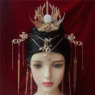 紫色汉服发饰套装复古宫廷仙侠风发冠发钗套装神女头饰超仙流苏铜