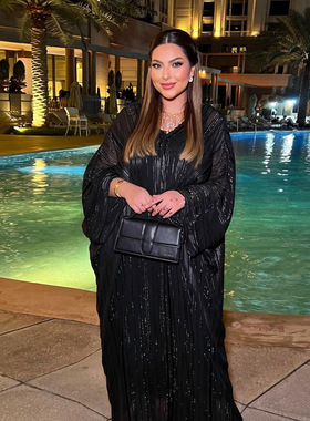 时尚回族女士连衣裙黑袍亮闪闪提花布长袍两件套Arab lady dress