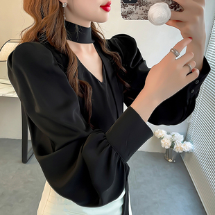 韩版秋季上衣女士2025新款雪纺衬衣纯色系脖带V领宽松灯笼袖衬衫