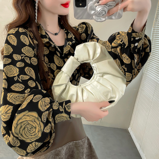 春季大码灯笼袖衬衫女款2025新款上衣复古印花气质翻领雪纺衬衣仙