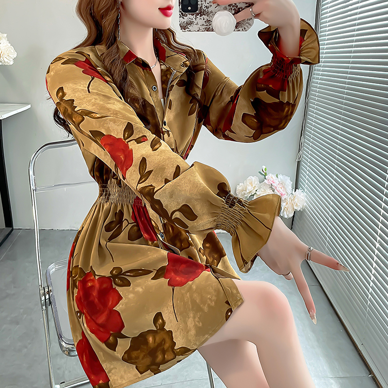 玫瑰印花中长款衬衫赫本风法式