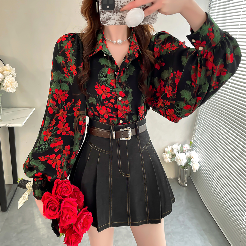 春装复古印花衬衫女高级感上衣