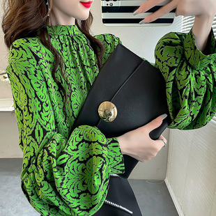 立领法式小资小上衣绿色复古印花显白衬衣女宽松设计灯笼袖衬衫秋