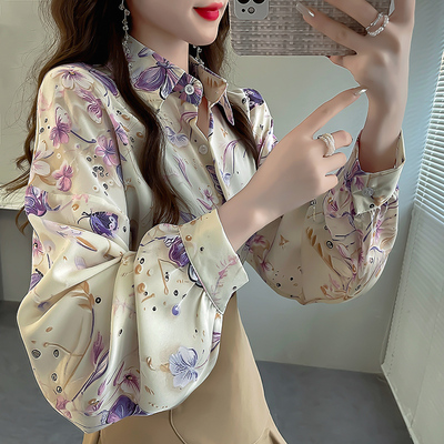 宽松长袖印花显瘦蝙蝠袖翻领上衣