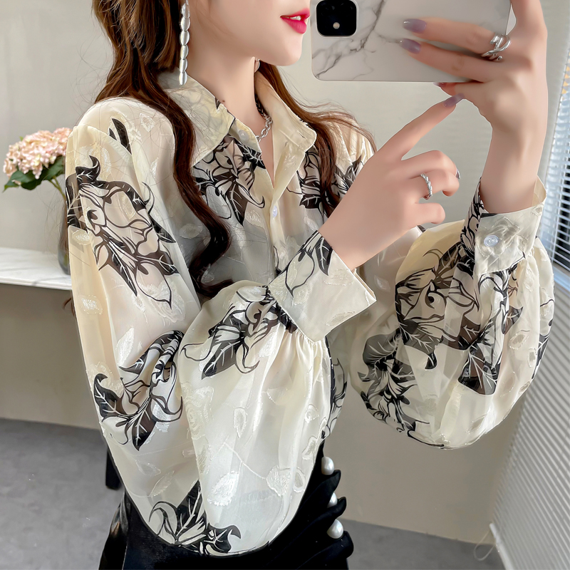秋款上衣女设计感灯笼袖刺绣衬衫