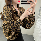 春季 上衣女 女设计感小众衬衣显瘦百搭灯笼袖 韩版 复古豹纹印花衬衫