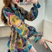 法式 女春 翻领衬衫 独特小上衣显瘦设计松紧收腰衬衣印花长袖 中长款