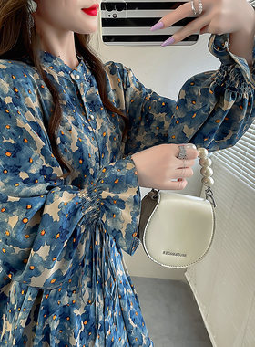 春季减龄印花立领雪纺衬衫女