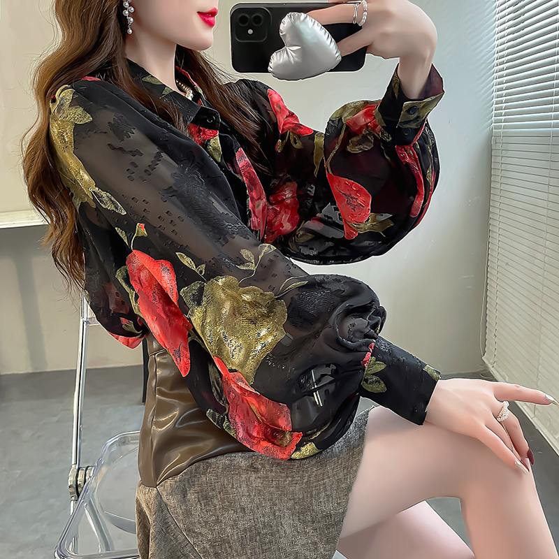 宽松长袖秋季刺绣印花衬衣