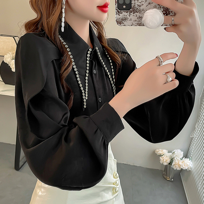 黑色显瘦雪纺女衬衫轻奢高级感