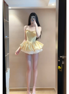 纯欲风甜美可爱黄色女仆装蕾丝拼接蛋糕裙蓬蓬裙抹胸连衣裙小个子