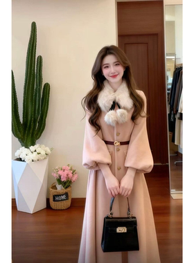 富家千金毛领收腰长款毛呢外套女高级感气质呢子大衣红色毛呢大衣