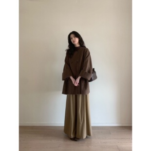 千金风复古温柔咖色双排扣毛呢大衣中长款高级感外套斗篷呢子大衣