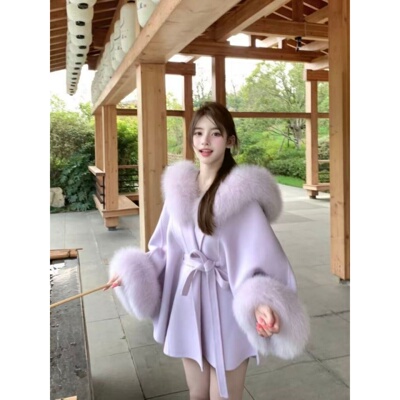 千金风狐狸毛领斗篷毛呢外套女紫色系带收腰高级感大衣呢子大衣女