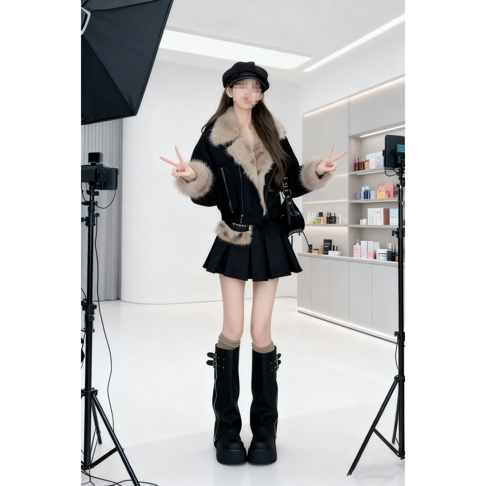 老钱风黑色两件套女秋季毛领外套百褶裙套装松弛感毛毛短裙小香风,女装/女士精品,时尚套装,淘宝优惠券,粉丝福利购,淘宝优惠卷