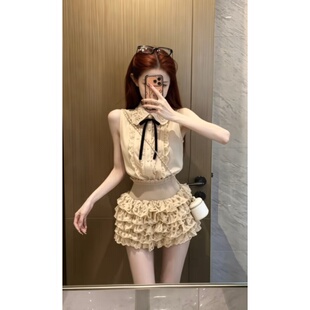 法式复古富家千金设计感翻领无袖衬衫高腰半身蛋糕短裙套装少女裙