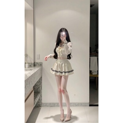 学院风甜美气质御姐JK制服短款长袖衬衫T恤半身蓬蓬裙两件套装女