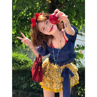甜美可爱多巴胺少女明艳穿搭泡泡袖上衣+半身裙碎花蓬蓬裙子套装
