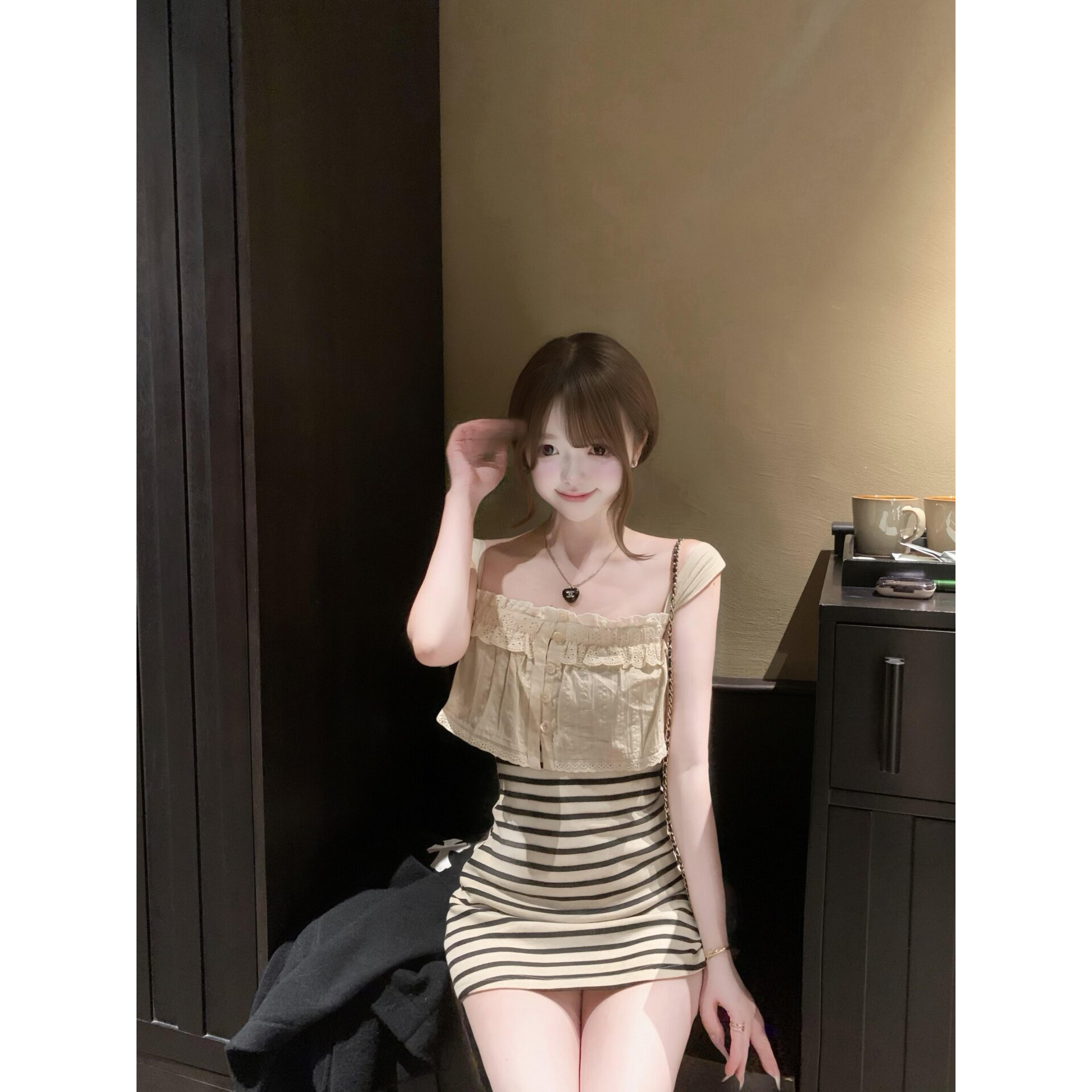 温柔风御姐纯欲性感甜辣一字领修身条纹连衣裙包臀短裙气质辣妹女