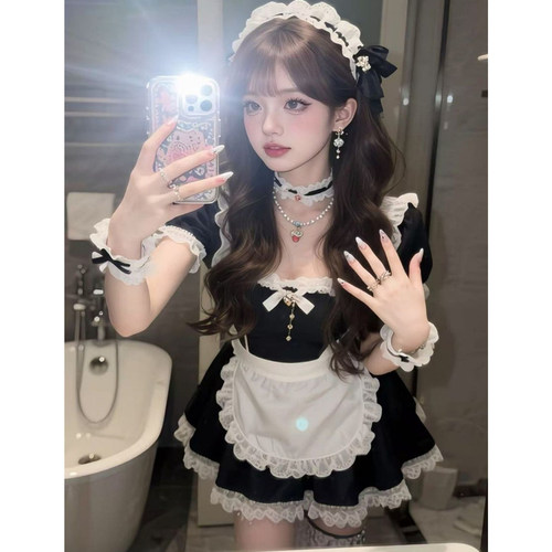 日系甜美可爱少女女仆装条纹蝴蝶结连衣裙蛋糕裙公主裙蓬蓬裙套装