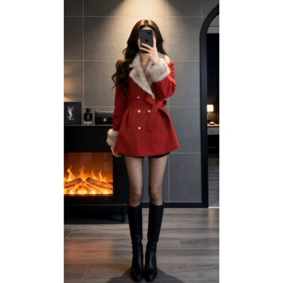 韩式千金风毛领双排扣毛呢外套女中长款收腰红色大衣直筒型单排扣