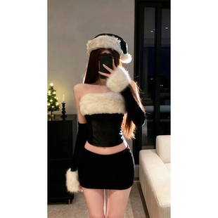 套包臀短裙套装 圣诞氛围限定跨年拍照出片套装 抹胸毛绒上衣帽子袖