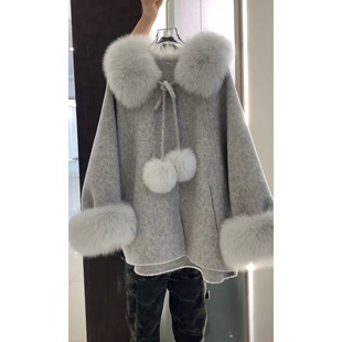 慵懒风灰色毛毛领短款毛呢外套女秋冬高级感连帽呢子大衣蝴蝶夫人