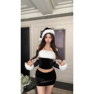高腰抹胸套装 圣诞节黑白拼接抹胸短裙两件套女夏季 性感显身材修身
