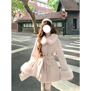 富家气质名媛千金毛领外套收腰系带连衣裙大衣秋冬款厚实保暖温柔