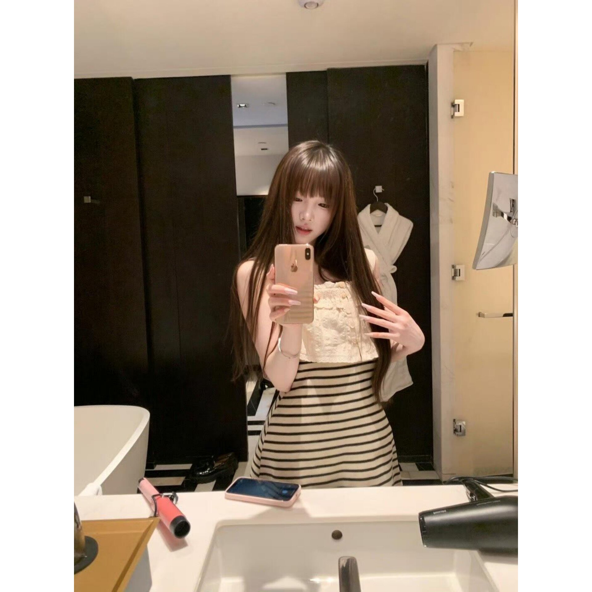 古早少女心事软妹风氛围感条纹假两件韩系连衣裙高腰包臀裙收腰裙
