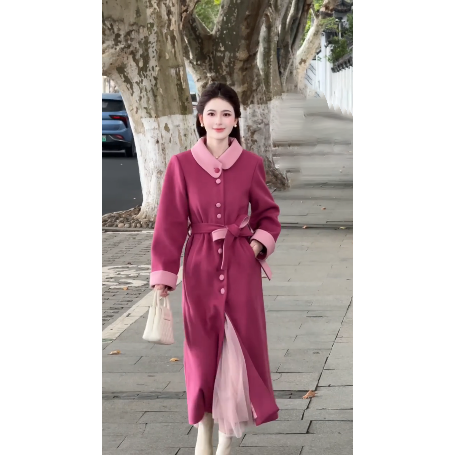 双面呢温柔风粉色毛呢大衣女长款系带收腰外套今年流行爆款小个子