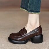 外穿粗跟包头凉鞋 夏季 小众厚底增高复古圆头一字拖鞋 头层牛皮时尚