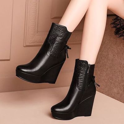 真皮坡跟短筒马丁靴女2023秋冬新款时尚欧美皮靴厚底防水台中筒靴