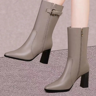 真皮百搭侧拉链高跟中筒靴女2023秋冬新款尖头粗跟女靴