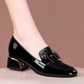 头层牛皮平跟2025新款 方头中粗跟单鞋 春夏新款 休闲百搭乐福小皮鞋