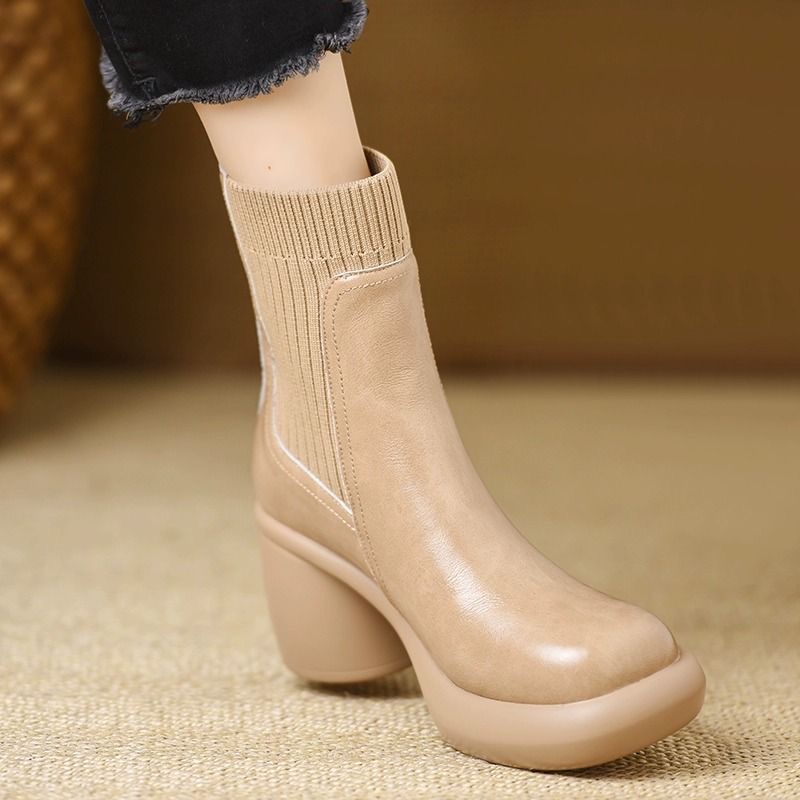 头层牛皮厚底弹力靴女2025秋冬新款圆头及裸靴松糕防水台显瘦短靴