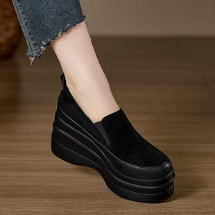 坡跟深口高跟单鞋 松糕底豹纹一脚蹬休闲鞋 新款 头层牛皮2024秋冬季