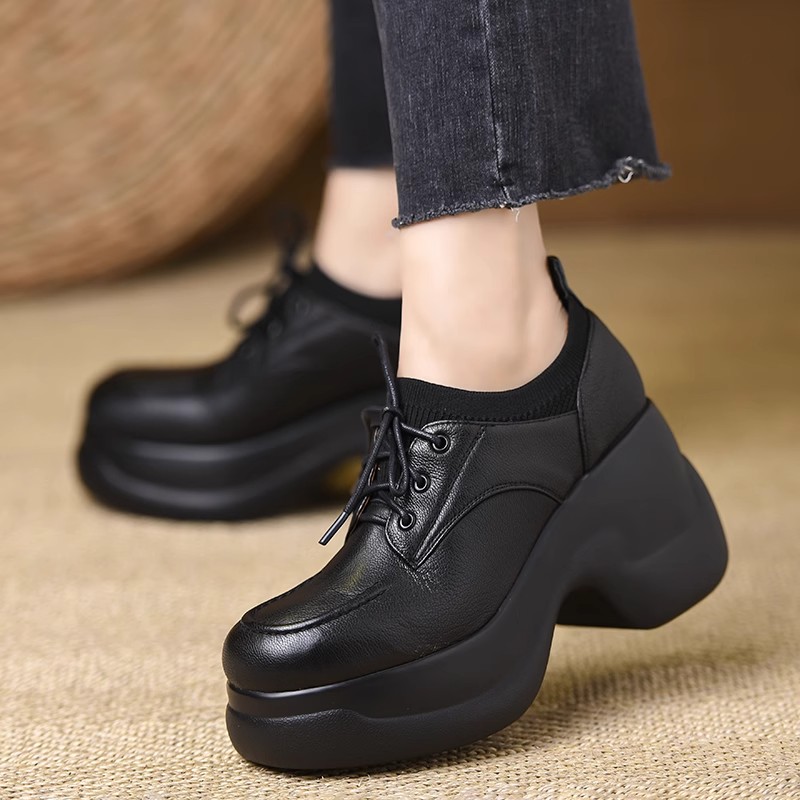 头层牛皮圆头粗跟松紧口小个子单鞋2025春秋新款厚底防水台女鞋