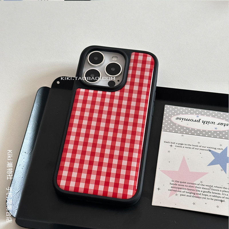 简约红色格纹适用iphone17promax手机壳16滴胶14plus黑边硬壳15苹果13双层水凝胶高级手机壳